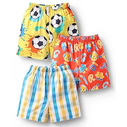 Babyhug Cotton Woven Above Knee Length Boxers With Checks & Football Print Pack Of 3 - Red Yellow & White