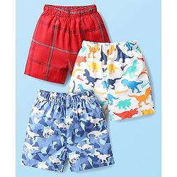 Babyhug Cotton Woven Boxers With Checks & Dino Print Pack Of 3 - Red Blue & White
