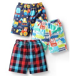 Babyhug Cotton Woven Above Knee Length Boxers With Checks & Vehicle Print Pack Of 3 - Blue