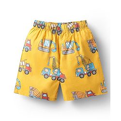 Babyhug Cotton Woven Above Knee Length Boxers With Checks & Construction Vehicle Print Pack Of 3 - Yellow Navy Blue & White