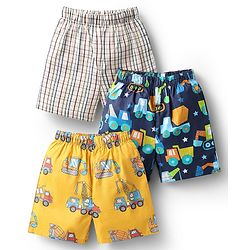 Babyhug Cotton Woven Above Knee Length Boxers With Checks & Construction Vehicle Print Pack Of 3 - Yellow Navy Blue & White