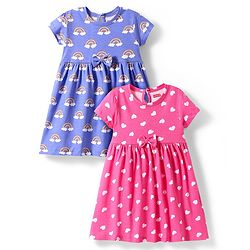 Babyhug Single Jersey Knit Half Sleeves Frock  with Rainbow & Heart Print with Bow Applique Pack of 2- Pink & Blue