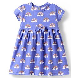 Babyhug Single Jersey Knit Half Sleeves Frock  with Rainbow & Heart Print with Bow Applique Pack of 2- Pink & Blue
