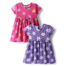 Babyhug Single Jersey Knit Half Sleeves Frocks with Ship & Floral Print Pack of 2 - Pink & Violet