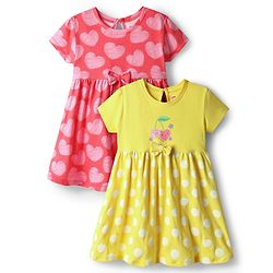 Babyhug Single Jersey Knit Half Sleeves Frocks With Polka Dots & Bow Applique Pack Of 2 - Light Green & Pink