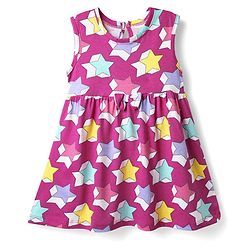 Babyhug Single Jersey Knit Sleeveless Star & Polka Dot Printed Frocks With Bow Applique Pack of 2 - Lavender & Fuchsia