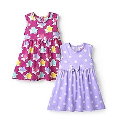 Babyhug Single Jersey Knit Sleeveless Star & Polka Dot Printed Frocks With Bow Applique Pack of 2 - Lavender & Fuchsia