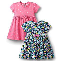 Babyhug Single Jersey Knit Half Sleeves Polka Dot & Floral Printed Frocks With Bow Applique Pack of 2 - Navy Blue & Pink