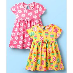Babyhug Single Jersey Knit Half Sleeves Floral & Ice Cream Printed Frocks With Bow Applique Pack of 2 - Yellow & Pink