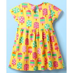 Babyhug Single Jersey Knit Half Sleeves Floral & Ice Cream Printed Frocks With Bow Applique Pack of 2 - Yellow & Pink