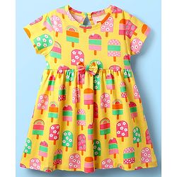 Babyhug Single Jersey Knit Half Sleeves Floral & Ice Cream Printed Frocks With Bow Applique Pack of 2 - Yellow & Pink