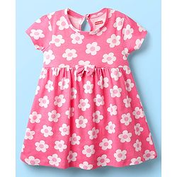 Babyhug Single Jersey Knit Half Sleeves Floral & Ice Cream Printed Frocks With Bow Applique Pack of 2 - Yellow & Pink