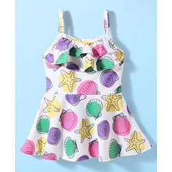 Babyhug Water Repellent Shell Printed Sleeveless Frock Swimsuit - White