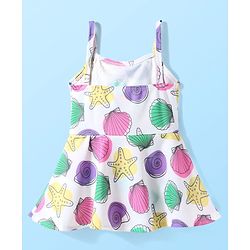 Babyhug Water Repellent Shell Printed Sleeveless Frock Swimsuit - White