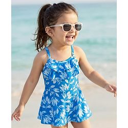 Babyhug Water Repellant Sleeveless Frock Swimsuit With Floral Print - Light Blue