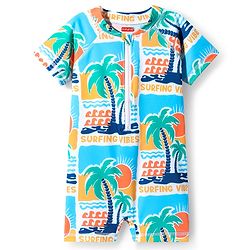 Babyhug Water Repellent Half Sleeves Legged Swimsuit With Tropical Print - Aqua Blue