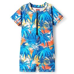 Babyhug Water Repellent Half Sleeves Legged Swimsuit With Tropical Print - Aqua Blue
