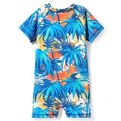 Babyhug Water Repellent Half Sleeves Legged Swimsuit With Tropical Print - Aqua Blue