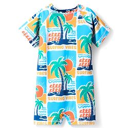 Babyhug Water Repellent Half Sleeves Legged Swimsuit With Tropical Print - Blue