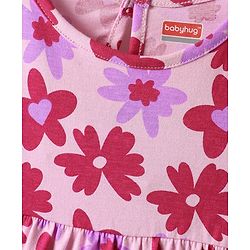 Babyhug Single Jersey Knit Cap Sleeves Floral Printed Frocks With Bow Applique Pack of 2 - Pink & Lavender