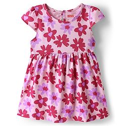 Babyhug Single Jersey Knit Cap Sleeves Floral Printed Frocks With Bow Applique Pack of 2 - Pink & Lavender