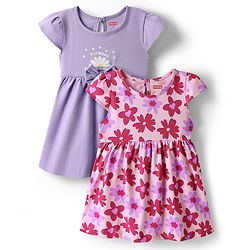 Babyhug Single Jersey Knit Cap Sleeves Floral Printed Frocks With Bow Applique Pack of 2 - Pink & Lavender