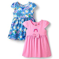 Babyhug Single Jersey Half Sleeves Frocks with Floral & Rainbow Pack of 2 - Pink & Blue