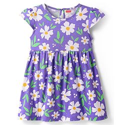 Babyhug Single Jersey Knit Cap Sleeves Floral & Heart Printed Frocks With Bow Applique Pack of 2 -Orange & Navy Blue