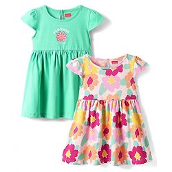 Babyhug Single Jersey Knit Half Sleeves Frock With Floral Print Pack Of 2 - Pink & Light Green