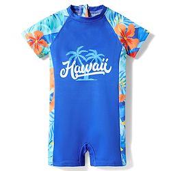 Babyhug Water Repellant Half Raglan Sleeves Legged Swimsuit with Beach Theme & Hawaii Typography Print - Navy Blue