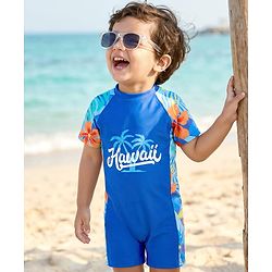 Babyhug Water Repellant Half Raglan Sleeves Legged Swimsuit with Beach Theme & Hawaii Typography Print - Navy Blue