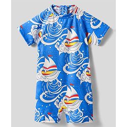 Babyhug Water Repellant Half Sleeves Legged Swimsuit With Boat Print - Blue
