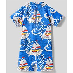 Babyhug Water Repellant Half Sleeves Legged Swimsuit With Boat Print - Blue