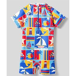 Babyhug Water Repellant Half Sleeves Legged Swimsuit With Boat Print - Blue