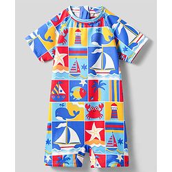 Babyhug Water Repellant Half Sleeves Legged Swimsuit With Boat Print - Blue