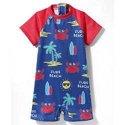 Babyhug Water Resistant Half Raglan Sleeves Legged Swim Suit With Beach Theme Print - Navy Blue & Red