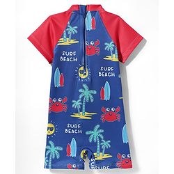 Babyhug Water Resistant Half Raglan Sleeves Legged Swim Suit With Beach Theme Print - Navy Blue & Red