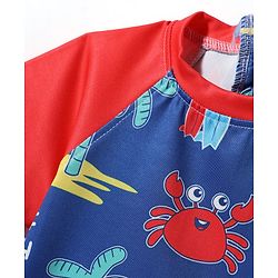 Babyhug Water Resistant Half Raglan Sleeves Legged Swim Suit With Beach Theme Print - Navy Blue & Red