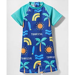 Babyhug Water Repellant Half Raglan Sleeves Legged Swimsuit With Beach Theme Print - Blue
