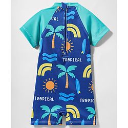 Babyhug Water Repellant Half Raglan Sleeves Legged Swimsuit With Beach Theme Print - Blue