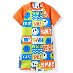 Babyhug Half Raglan Sleeves Water Repellent Emojis Print Legged Swimsuit - Orange