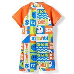 Babyhug Half Raglan Sleeves Water Repellent Emojis Print Legged Swimsuit - Orange