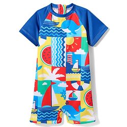 Babyhug Half Raglan Sleeves Water Repellent Sea Life Theme Legged Swimsuit - Navy Blue