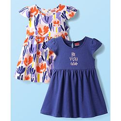 Babyhug Single Jersey Knit Short Sleeves Frocks With Floral Print Pack Of 2 - Blue