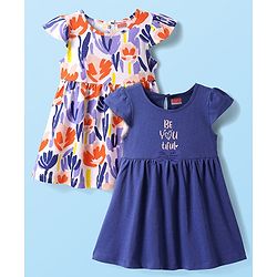 Babyhug Single Jersey Knit Short Sleeves Frocks With Floral Print Pack Of 2 - Blue