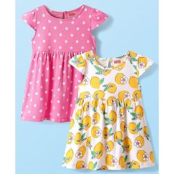 Babyhug Single Jersey Knit Short Sleeves Frocks With Polka Dots & Floral Print Pack Of 2 - Pink & White