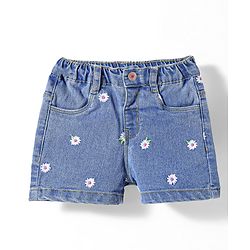 Babyhug Denim Mid Thigh Shorts With Floral Embroidery & Stretch- Blue