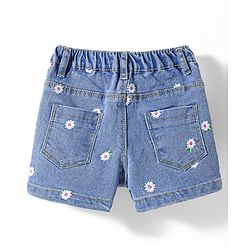 Babyhug Denim Mid Thigh Shorts With Floral Embroidery & Stretch- Blue