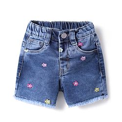 Babyhug Mid Thigh Washed Denim Shorts With Stretch & Floral Embroidery - Blue