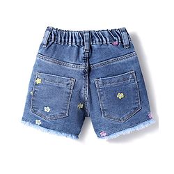 Babyhug Mid Thigh Washed Denim Shorts With Stretch & Floral Embroidery - Blue
